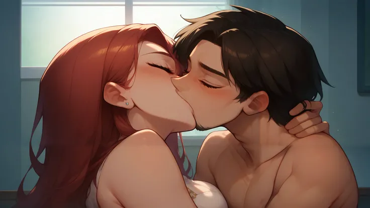 Shirtless boy kissing a sexy woman wearing a saree near a windowsill, natural light beaming through window, passionate, intensely intimate, lustful, hot, hugging tight, both blushing intensely