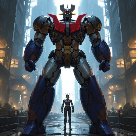  Modified Mazinger Z ,  Mazinger Z is 100 meters tall.   is built with modern materials such as steel ,   Carbon Fiber  ,   Other industrial elements are also visible  ,  Just like the real thing  ,   I'm standing in front of a tall tower where high voltag...