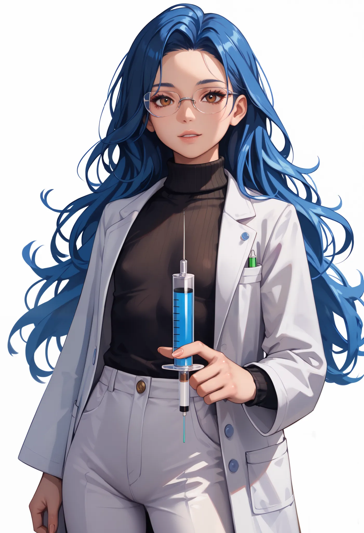 ((White background )) (Curve:1.1) rathing_safe ,((1girl)) , (solo girl) ,((Straight and blue shiny hair)), Slim face (straight blue long hair:1.5), lip stick, (brown eyes:1.2), Age 29 years ((Asia girl))  (Wearing glasses) ((white lab coat:1.4)) ((Black tu...