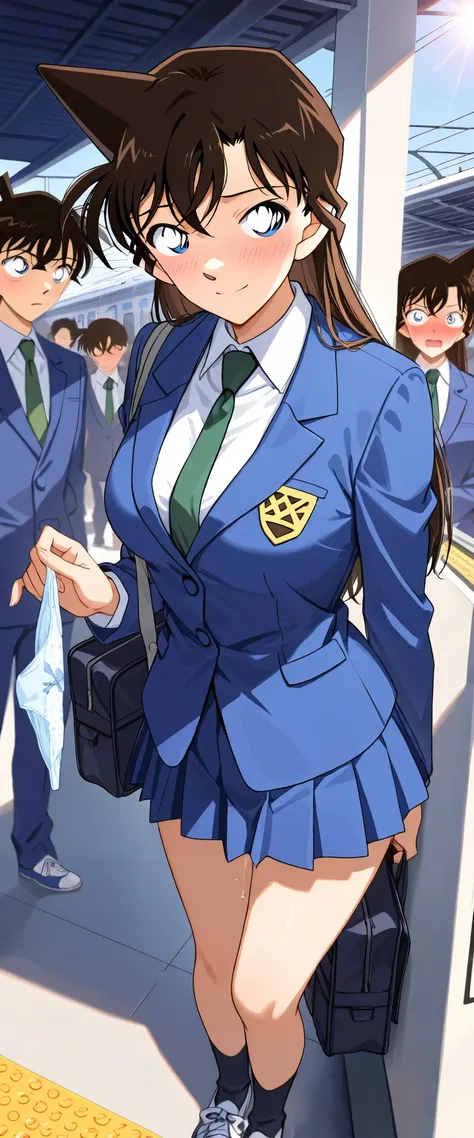 score_9, score_8_up, score_7_up,1girl,mouriranai,mouri ran,meitantei conan,brown hair, blue eyes, long hair, breasts, large breasts, lens flare, medium breasts,BREAK,skirt, shirt, long sleeves, school uniform, jacket, white shirt, pleated skirt, necktie, c...