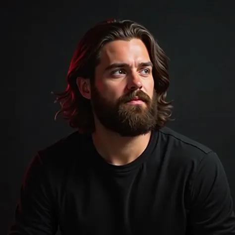 A modern, semi-realistic digital painting of a thoughtful man with wavy, shoulder-length hair and a full beard. He is wearing a black shirt. The background is dark and moody, with soft lighting that highlights his facial features. The artwork has a smooth,...