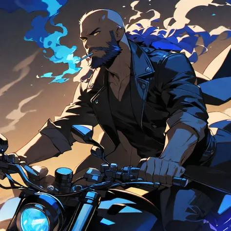 solo, handsome, 1 male, bald, bearded, golden eyes, riding a motorcycle, black light, black coat, smoke, smoking, blue fire