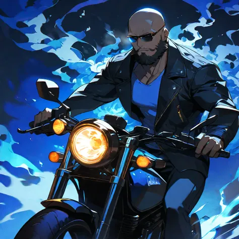 solo, handsome, 1 male, bald, bearded, golden eyes, riding a motorcycle, black light, black coat, smoke, smoking, blue fire