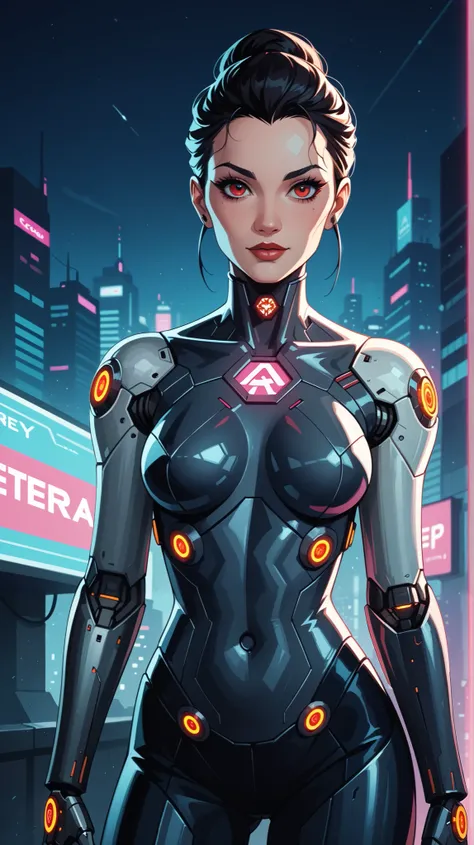 A beautiful Japanese woman with visible cybernetic enhancements, biomechanical features, and intricate gears embedded in her sleek, futuristic body. She has glowing red eyes and a perfect, symmetrical face with an intense gaze, looking directly at the came...
