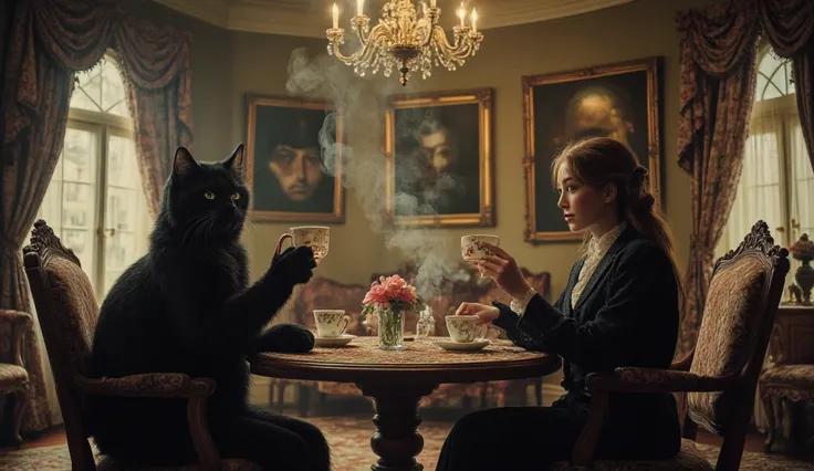 Tea time in a room with impossible geometry. The dark-furred cat with a sly expression sits on a crooked table while its owner holds a teacup with a thin, pale hand. The room is a blend of Escher and Burton styles: the walls bend, and the furniture has imp...