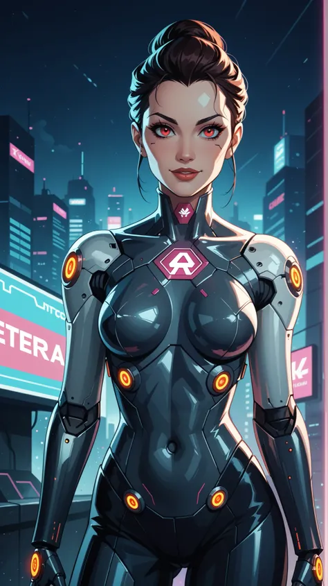 A mysterious Japanese woman with visible cybernetic enhancements, biomechanical features, and intricate gears embedded in her sleek, futuristic body. She is giving a sinister smirk, slightly revealing her teeth. She looks directly at the camera with an int...