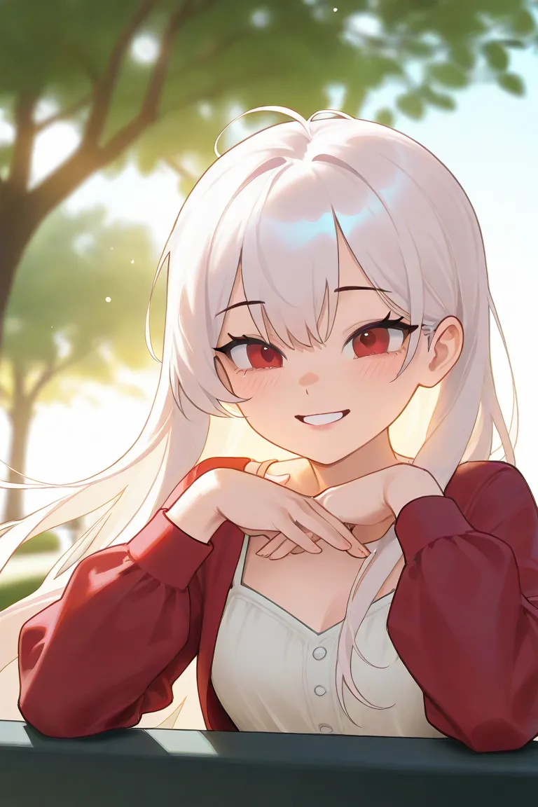 1girl, white long hair, red eyes, casual cute outfit, in a park, looking at wiever, smile, greeting, daytime, dynamic lighting, sunny day, cute pose, red outfit