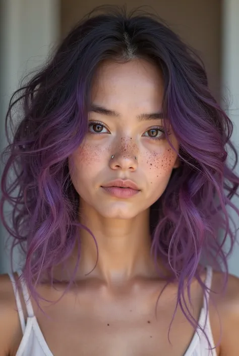 
"Digital portrait of a 19-year-old girl with medium hair, curly and with purple highlights that stand out. Her delicate face shows freckles scattered naturally, and she has a discreet eyebrow piercing. The expression is confident and serene, with soft lig...