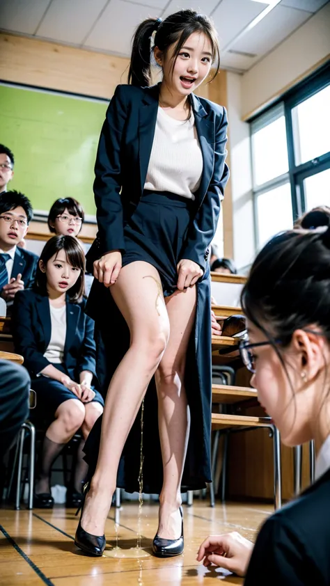  female teacher pees at the student's graduation ceremony  、Urinary incontinence、Leaking a lot of pee、Female teachers are Japanese elementary school teachers 々 looking at viewers with an arrogant expression  、from below、  staring at the viewers、  black sui...