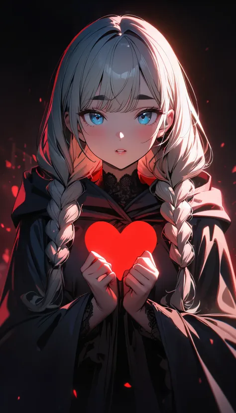 8k, masterpiece, highest quality, Korea's Beautiful Women, Close-up, frontal, fair,  blue eyes, dark eyebrows, full lips,  light hair, braids, dark hooded cloak, lace trim, clasped hands, glowing red heart, dark background, dramatic lighting.