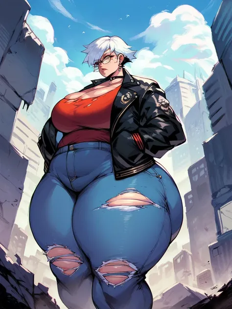 Female, white hair, glasses, mole on chin, serious face, short bob hair, gigantic boobs, gigantic ass, punk jacket,torn out jeans, future building,