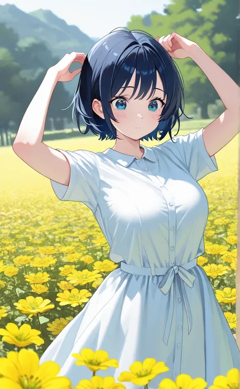 solo, 1 girl,  dark blue short hair, blue eyes,plain white dress,( white clothes)Short sleeve,Breasts that are about the size of a good size,outside, random cute poses ,random cute expressions,I'm looking over here,side, random angles,Yellow flower field