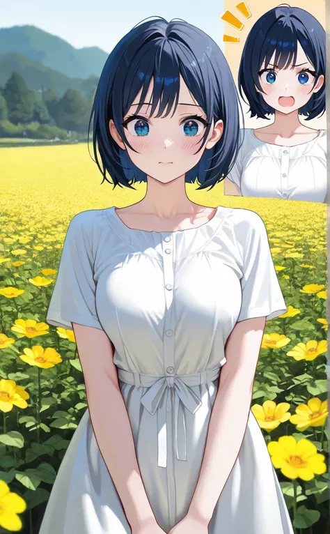 solo, 1 girl,  dark blue short hair, blue eyes,plain white dress,( white clothes)Short sleeve,Breasts that are about the size of a good size,outside, random cute poses ,random cute expressions,I'm looking over here,side, random angles,Yellow flower field