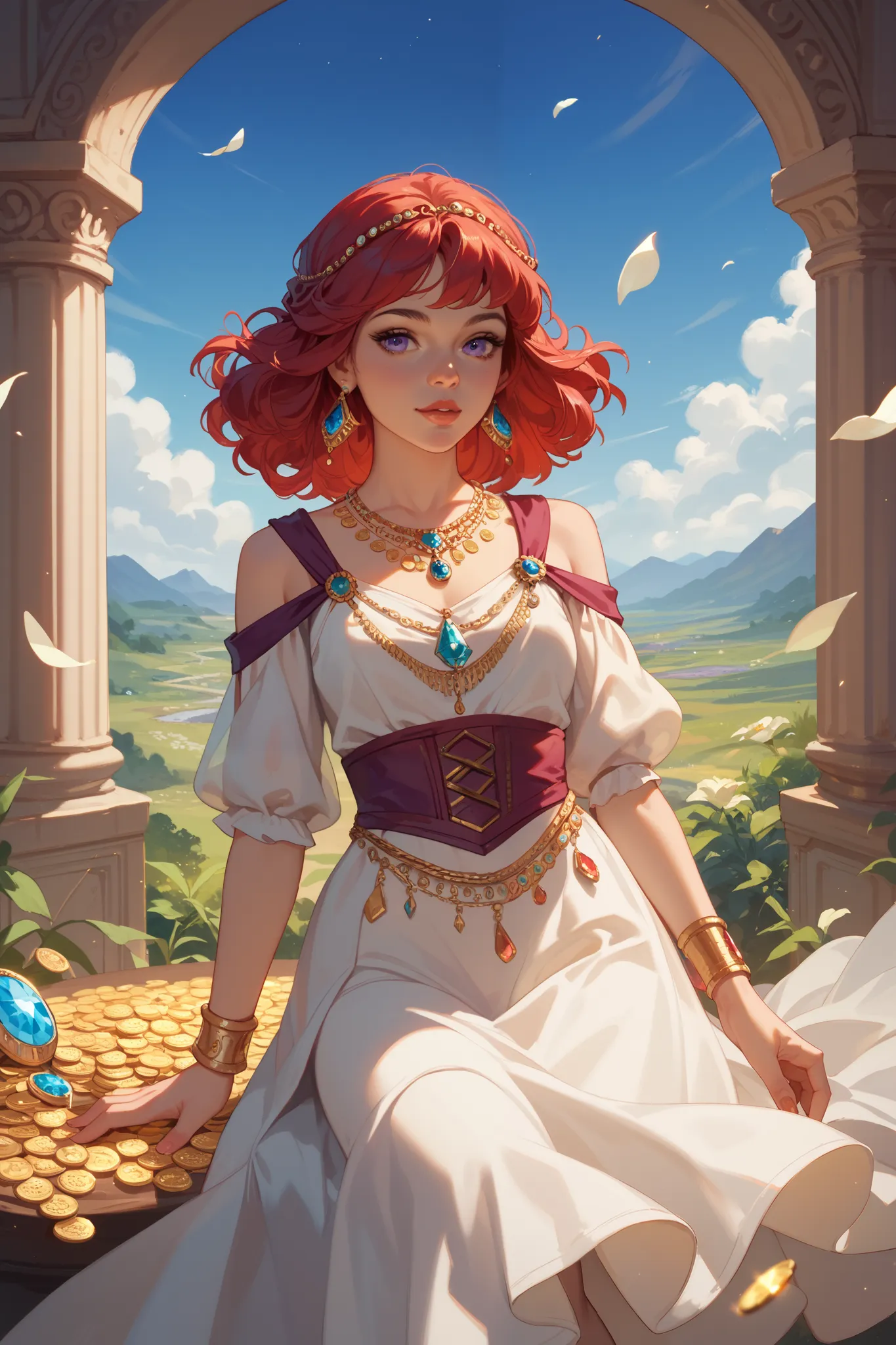  young girl , 19 years old, Gypsy clothing,  red hair and long . White dress, carmine red ,purple and blue, adorned with jewels and gold coins. Clairvoyant, Night landscape illuminated by gypsy magic.