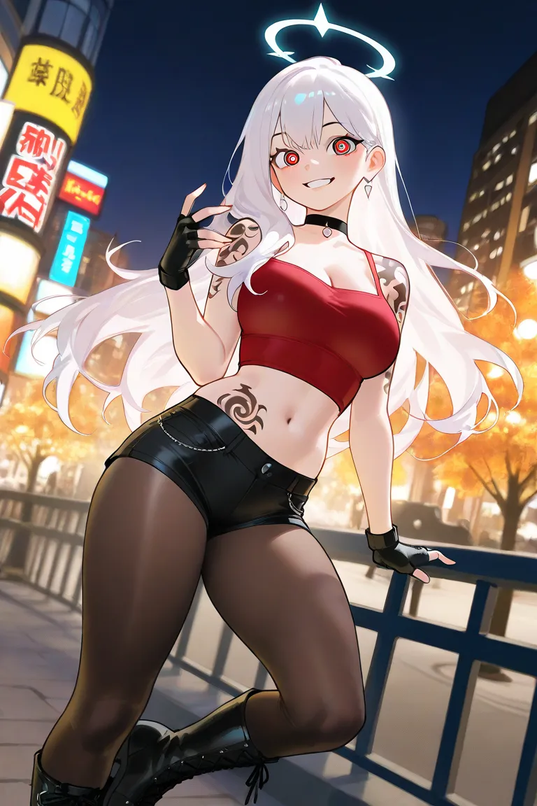 1girl, white long hair, red eyes, casual cool outfit, in a park, looking at wiever, smile, dynamic lighting, night, cool pose, blue mini shorts, red armless top, red ,choker, beatiful, tattoo on shoulder, detailed background, fingerless glove at one hand, ...