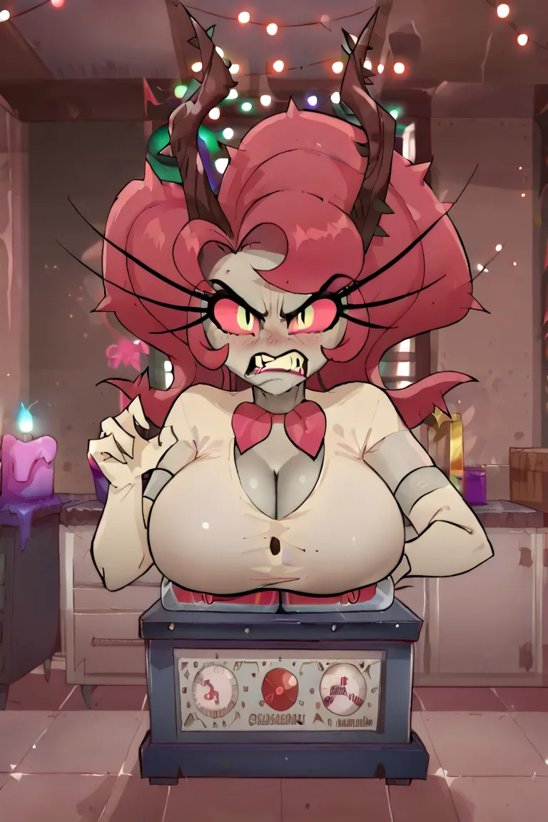 high quality,score_9, score_8_アップ, score_7_アップ, ,karen client, bathroom,(huge juicy breasts:1.2),large breasts,barely contained breasts,skirt,red hair,gray skin,thorns,antlers,colored sclera,white gloves, elbow gloves,angry,,from front,looking at viewer,bl...