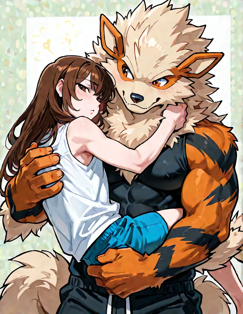 Duo, male arcanine (lean body, muscular, anthropomorphic arcanine, fluffy fur, tall) carrying human male (brown hair), clothed, arcanine seductive expression, arcanine grinning, arcanine carrying human, human is shy