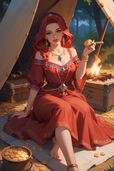  young woman , 20 years, Gypsy clothing,  red hair and long . Scarlet Red Dress,purple and blue, adorned with jewels and gold coins. Clairvoyant, Gypsy camp, bonfire, caravan. 1 girl, High resolution.