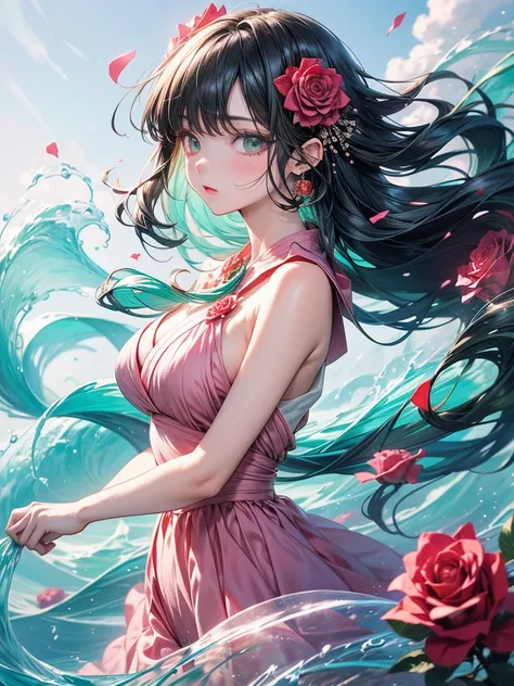 masterpiece,1 Girl,4K Anime Art,Whimsical Fantasy,Elegant rose flower,botany,Minimalism,Wave-like flower garden,Flowing flowers floating in a hazy pastel pink,,Aqua Green, Pastel apricots, Smoke Fractal, There is a good atmosphere,Very realistic flowers, O...