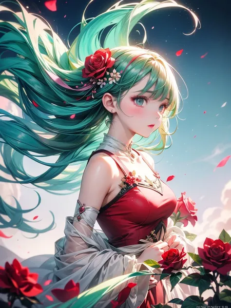 masterpiece,1 Girl,4K Anime Art,Whimsical Fantasy,Elegant rose flower,botany,Minimalism,Wave-like flower garden,Flowing flowers floating in a hazy pastel pink,,Aqua Green, Pastel apricots, Smoke Fractal, There is a good atmosphere,Very realistic flowers, O...