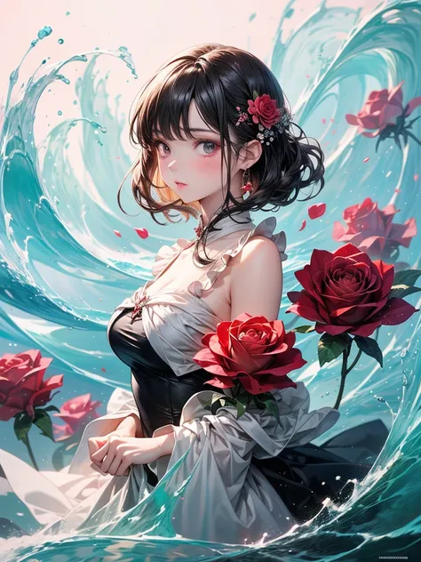 masterpiece,1 Girl,4K Anime Art,Whimsical Fantasy,Elegant rose flower,botany,Minimalism,Wave-like flower garden,Flowing flowers floating in a hazy pastel pink,,Aqua Green, Pastel apricots, Smoke Fractal, There is a good atmosphere,Very realistic flowers, O...