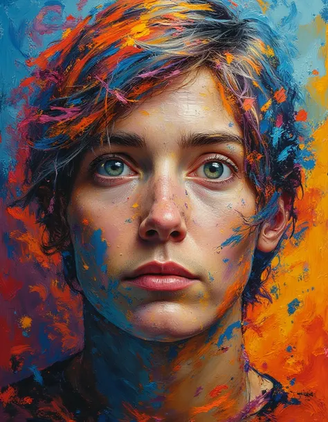 midjourney,An expressive portrait painted in thick,textured oil strokes,featuring a person with intense,thoughtful eyes. The colors are bold and vibrantâdeep blues,warm oranges,and rich reds swirl together to form the face. The brushstrokes are visible a...