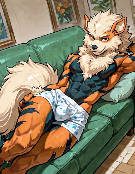 solo, male arcanine (lean body, muscular, anthropomorphic arcanine, very tall), laying on couch, only wearing boxers, in a living room, zoomed out, paw pads, femboy, skinny waist, seductive expression, skinny hips, large couch, accurate anatomy, accurate e...