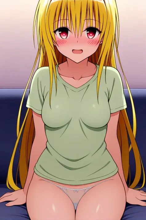  1 girl, one,  long hair,  smile mouth,  open eyes,   open mouth, very embarrassed face, disturbances,  Turns red a lot,  calm face, embarrassed face , love-ru , konjiki na yami, 1girl,  red eyes,  has yellow hair,  Masterpiece , top quality shirt, great q...