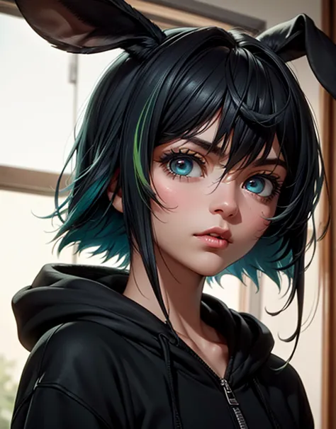 masterpiece,(best quality,top quality,8k),illustration,painting,detailed eyes and face,close_up,(1girl),vex,(green hair,short hair),(black pajama),purple eyes,rabbit ears,black hoodie, pretty girl, beauty skin, ultra high res, raw photo, ultra detailed , d...