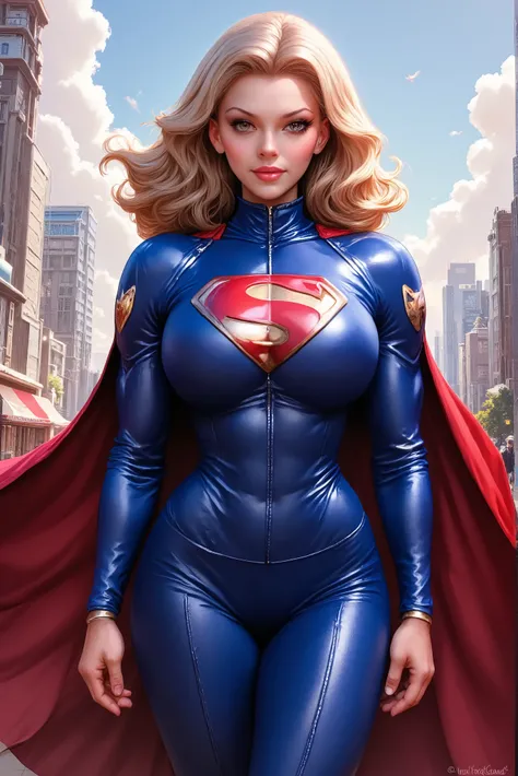 Full body portrait of A 28 years blond  woman  AS SUPERGIRL WEARING A SEXY SUPERMAN SUIT AND CAPE, IN A city, from a distance, artgerm 
