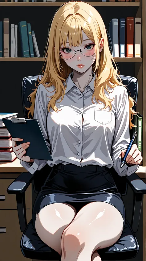 score_9, score_8_up, score_7_up, score_6_up, masterpiece, best quality, high contrast, realistic, 1girl, blonde hair, long hair, button shirt, glasses, pencil skirt, shiny skin, pale skin, sharp focus, glossy lips, blush, office, book shelf, office chair, ...