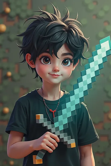 Make a cute Minecraft boy with white t shirt with red tie with black hair with sword