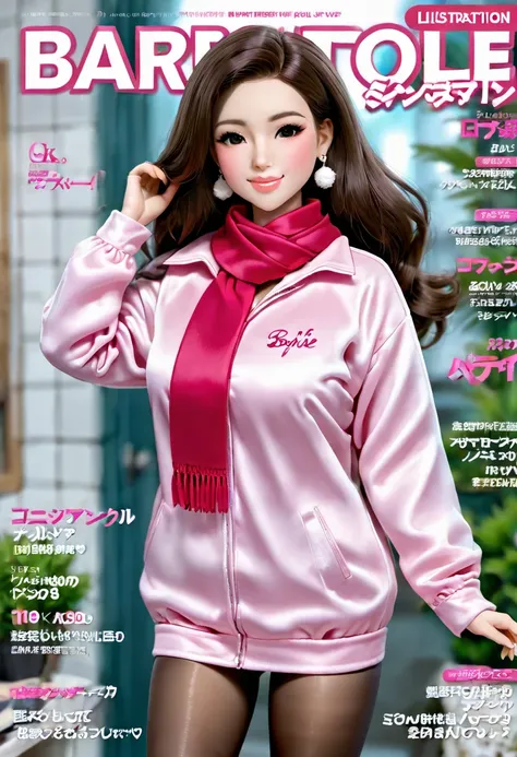 magazine cover(((best quality))),(((super detailed))),(((Masterpiece))),illustration,1 girl,detailed face,ok,smile,windbreaker,scarf,pantyhose,Barbie doll