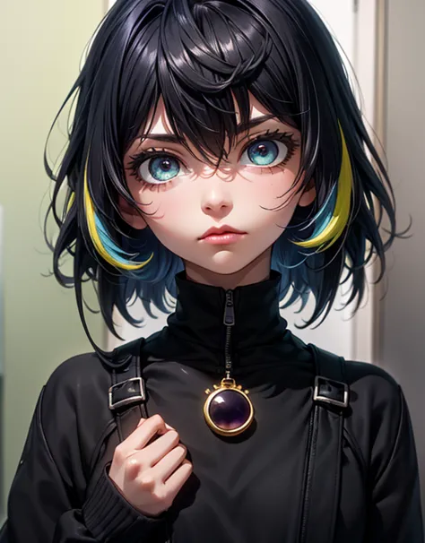 storyfell chara, girl - 18, black summer top, grey skin tone, black jacket, closed mouth, 3 eyes one on the left and 2 small thin eyes on the right emotionless look like a spider, hair between eyes, long sleeves, looking at viewer, multicolored hair, silve...