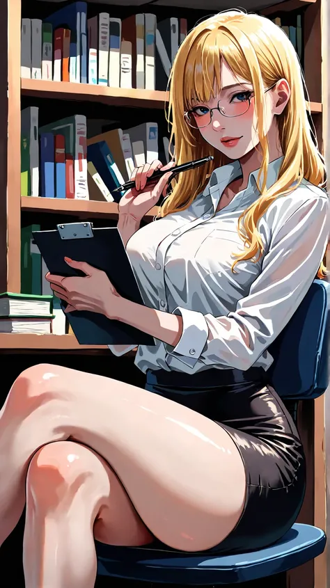 score_9, score_8_up, score_7_up, score_6_up, masterpiece, best quality, high contrast, realistic, 1girl, blonde hair, long hair, button shirt, glasses, pencil skirt, shiny skin, pale skin, sharp focus, glossy lips, blush, office, book shelf, office chair, ...