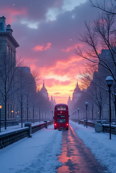 The London City with none people, snowing, sunset, there is a small path and a rose red bus, purple and blue highlights 