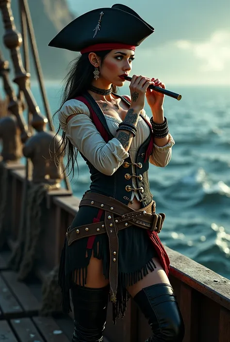 Pirate lady with hypnotic eyes, sings at flute