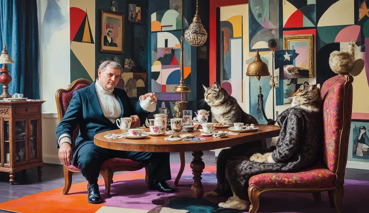 Abstract tea party in a surreal cubist room. The cat, rendered with sharp angles and asymmetrical features, sits on a chair that appears both flat and dimensional, while its owner pours tea from a teapot with distorted proportions. The room is filled with ...