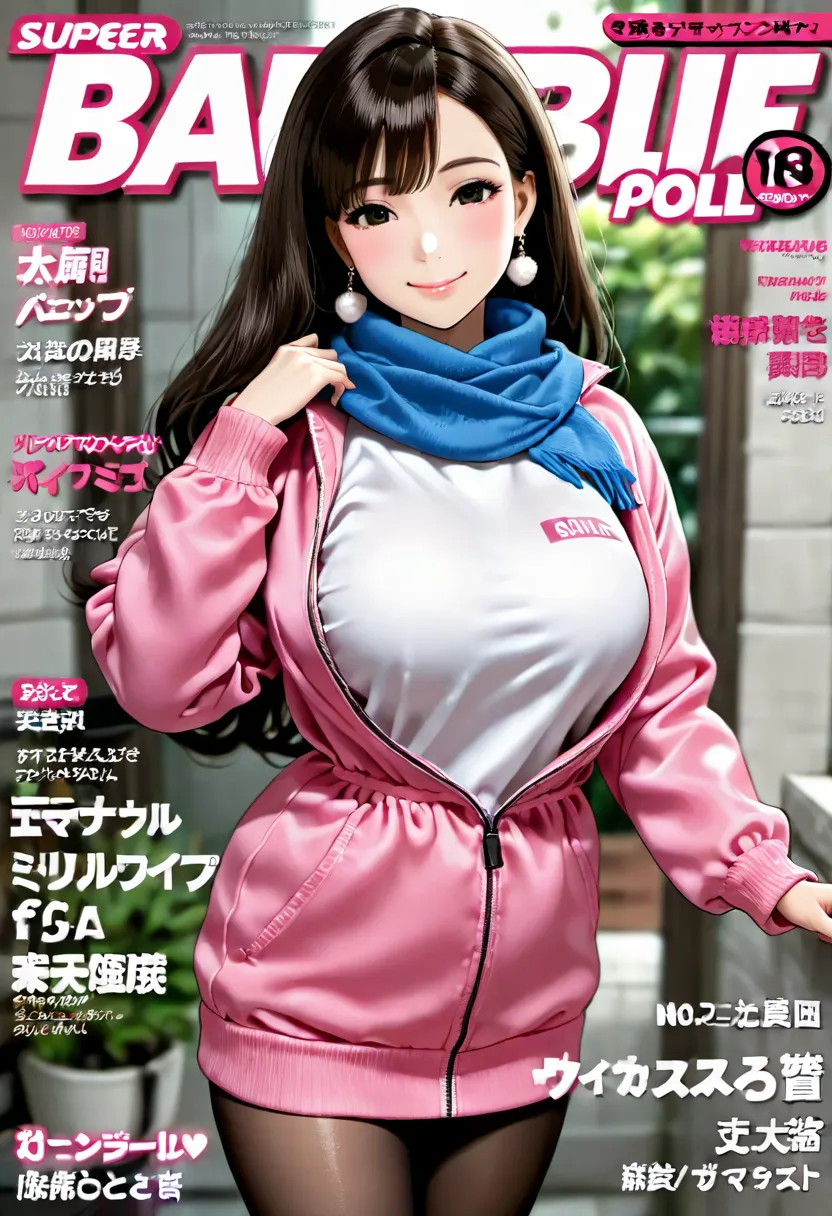 magazine cover(((best quality))),(((super detailed))),(((Masterpiece))),illustration,1 girl,detailed face,ok,smile,windbreaker,scarf,pantyhose,Barbie doll