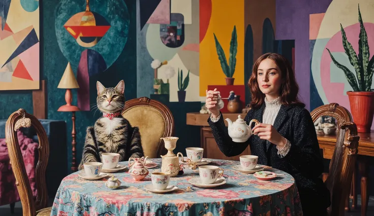 Abstract tea party in a surreal cubist room. The cat, rendered with sharp angles and asymmetrical features, sits on a chair that appears both flat and dimensional, while its owner pours tea from a teapot with distorted proportions. The room is filled with ...