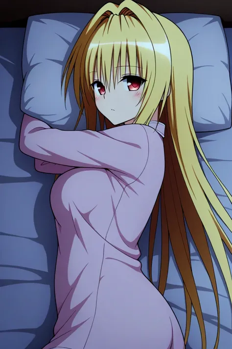  1 girl, one,  long hair,  open eyes,  mouth slightly open, сильно уставшие face, disturbances, blushes, усташие face, face, love-ru , konjiki na yami, 1girl,  red eyes,  has yellow hair,  Masterpiece , top quality shirt, great quality,  middle hips ,Big b...