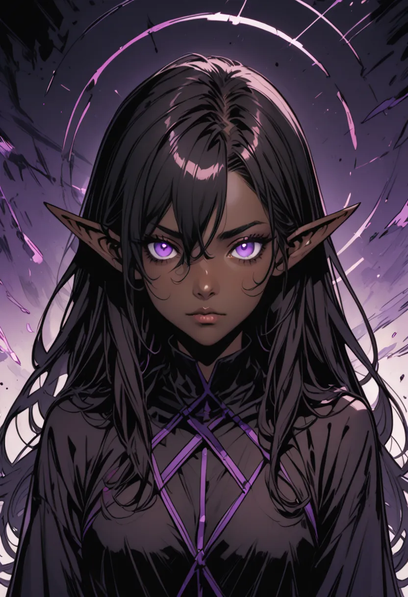 Female, long hair, black hair, very dark brown skin, purple eyes, solo, pointed ears