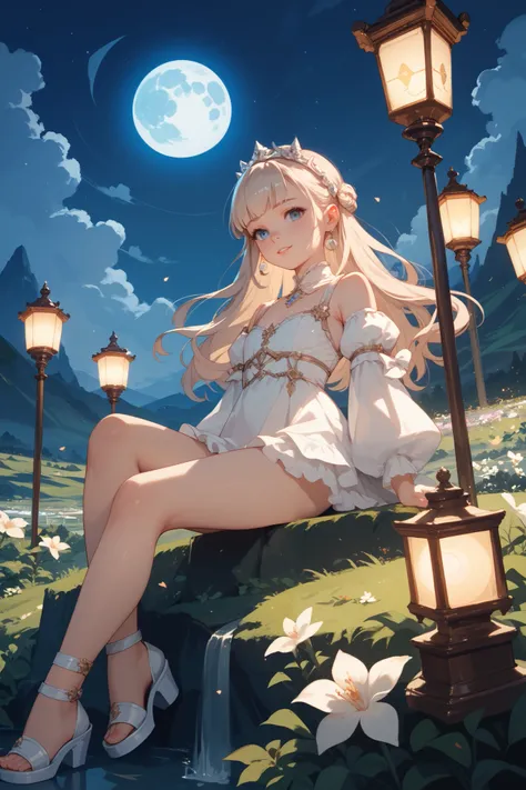  young girl , 20 years,  light blond hair , Sitting on top of the lamp post, Night landscape with the full Moon in the background.