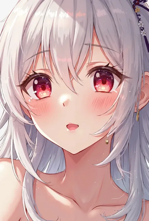  smile, jewelry,  Precise, White hair,  very long hair , blush,  red eyes,  Maid Hair Ornament,  anime style Hair flowers, Tears, Tears, Tears, Tears, happy,  cleft pupils , 