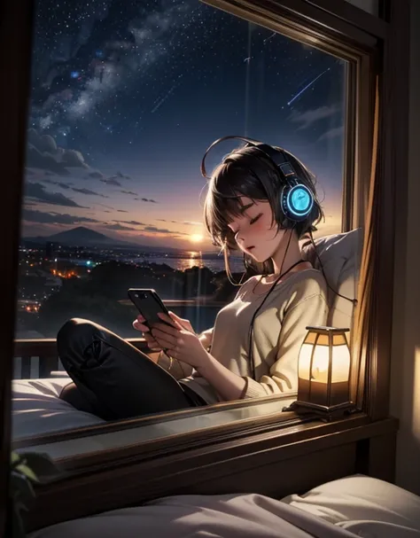 (Bedside window, Sleeping girl, Headphones, Smartphone in hand, Big night sky, Many Stars)