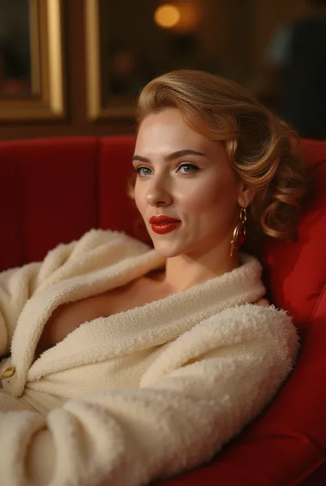 Scarlett Johansson is naked wearing only a fluffy white robe and inviting the camera to join her on a red velvet couch