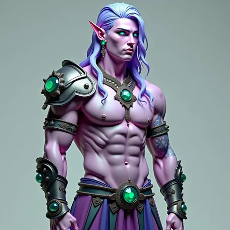 See full male body view of a extremely muscular 20 year old pale lavender skin tone young man, cybernetic green tattoos on right side of body, smooth flawless unblemished skin, show head to toe, D@D male prostitute artificer inspired outfit, with wider mus...