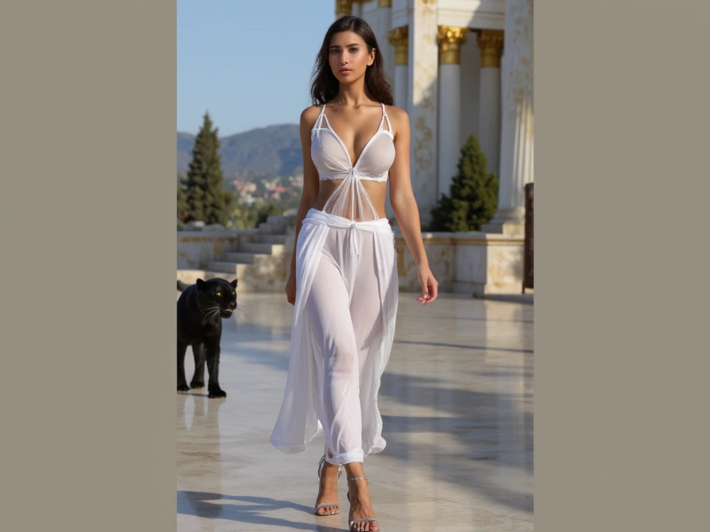 A breathtaking, cinematic scene of the Greek goddess BLACK Aphrodite in her gold and pristine marble luxurious temple, bathed in soft sunlight streaming through grand pillars. Aphrodite is shown in a full-body long shot, with a slender, SEXY muscular and g...