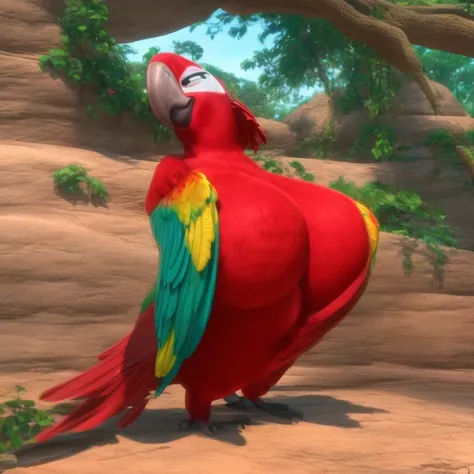 photorealistic, solo, a female red macaw, scarlet macaw, shows whole body, breast exposed (hyper realistic, cinematic colors, cinematic lighting, incredible detail, 16k resolution, award winning photography) shows chest, boob exposed, huge breasts, large b...