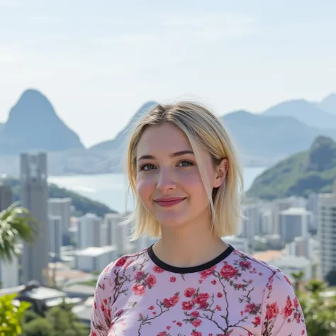 create an image of a 22-year-old white woman, with short hair approximately to the shoulder, front photo for Instagram profile, ultra realism, with the background of Christ the Redeemer in Rio de Janeiro